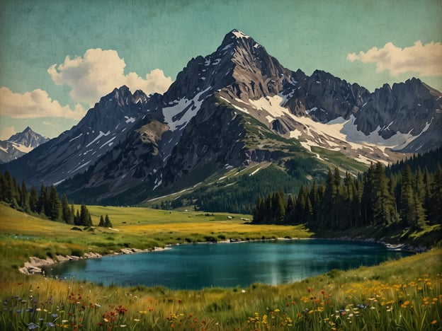 Auf dem Bild ist eine malerische Landschaft der Rocky Mountains zu sehen. Im Vordergrund befindet sich ein ruhiger, klarer See, der von einer üppigen, blühenden Wiese umgeben ist. Die Wiese ist mit bunten Wildblumen geschmückt. Im Hintergrund erheben sich beeindruckende Berggipfel, einige davon mit weißen Schneekappen. Der Himmel ist blau mit einigen weißen Wolken, was das Bild der natürlichen Schönheit der Rocky Mountains unterstreicht. Die gesamte Szenerie strahlt Ruhe und Majestät aus.