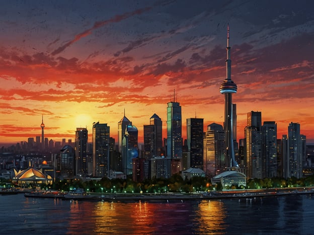 Das Bild zeigt eine beeindruckende Skyline von Toronto während des Sonnenuntergangs. Im Vordergrund ist der Wasserbereich zu sehen, der spiegelt das warmes Licht der untergehenden Sonne wider. Dominierend in der Stadtansicht ist der CN Tower, ein bekanntes Wahrzeichen von Toronto. Die umgebenden Wolkenkratzer und modernen Gebäude schaffen eine lebendige, urbanisierte Atmosphäre, während der Himmel in schönen Farben leuchtet, die von Orange bis Lila reichen. Die gesamte Szene vermittelt ein Gefühl von Ruhe und Schönheit inmitten der pulsierenden Stadt.