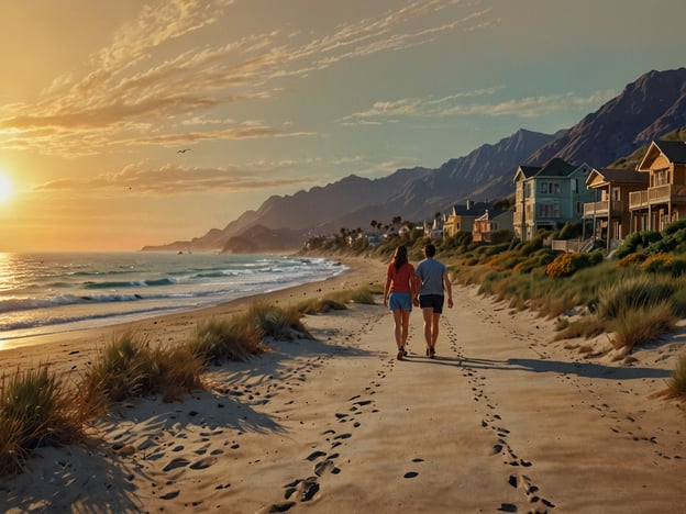 Auf dem Bild ist ein wunderschöner Strand bei Sonnenuntergang zu sehen. Ein Paar spaziert Hand in Hand am Ufer entlang, während die Wellen sanft gegen den Sand schlagen. Die warmen Farben des Sonnenuntergangs sorgen für eine romantische Atmosphäre. In der Nähe gibt es einige bunte Häuser, die die Küstenlandschaft beleben. Diese Szene lädt zu Aktivitäten wie einem entspannten Strandspaziergang, Picknicken im Sand oder einfach nur zum Genießen der Natur ein. Die Umgebung bietet auch Möglichkeiten für Wassersport, wie Schwimmen oder Surfen, und ermutigt dazu, die Schönheit des Moments zu erleben.