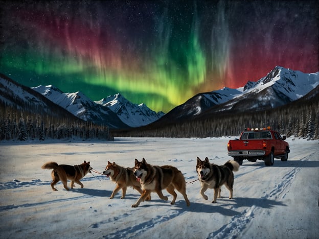 Auf dem Bild sind beeindruckende Natur- und Abenteueraktivitäten im Yukon zu sehen. Die spektakulären Nordlichter erhellen den Nachthimmel über einer schneebedeckten Landschaft. Vorne ziehen Schlittenhunde einen Schlitten durch den glitzernden Schnee, was eine beliebte Aktivität in dieser Region ist. Dies zeigt die traditionelle Hundeschlittenfahrt, die Abenteurer oft nutzen, um die unberührte Natur zu erkunden. Im Hintergrund ist ein rotes Fahrzeug abgebildet, das die Erreichbarkeit und Abenteuerlust der Yukon-Wildnis unterstreicht. Solche Erlebnisse sind ideal für Naturliebhaber und bieten eine einmalige Möglichkeit, die Schönheit und Ruhe der kanadischen Wildnis zu genießen.