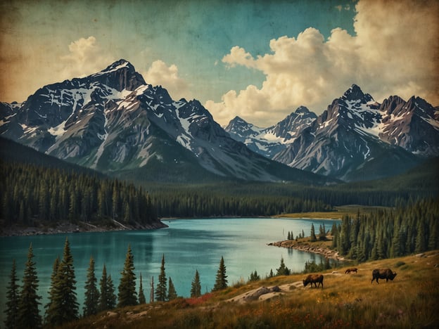 Das Bild zeigt eine beeindruckende Landschaft der kanadischen Rockies mit majestätischen Bergen, die teilweise mit Schnee bedeckt sind. Im Vordergrund erstreckt sich ein ruhiger See mit klarblauem Wasser, umgeben von dichten Nadelwäldern. Außerdem sind einige Tiere, vermutlich Bisons, auf einer grünen Wiese zu sehen, die die idyllische Szenerie ergänzen. Diese Region ist bekannt für ihre atemberaubende Naturschönheit und bietet hervorragende Möglichkeiten für Outdoor-Aktivitäten wie Wandern, Camping und Tierbeobachtungen. Die Kombination aus Bergen, Wasser und Flora macht die kanadischen Rockies zu einem beliebten Reiseziel für Naturliebhaber.