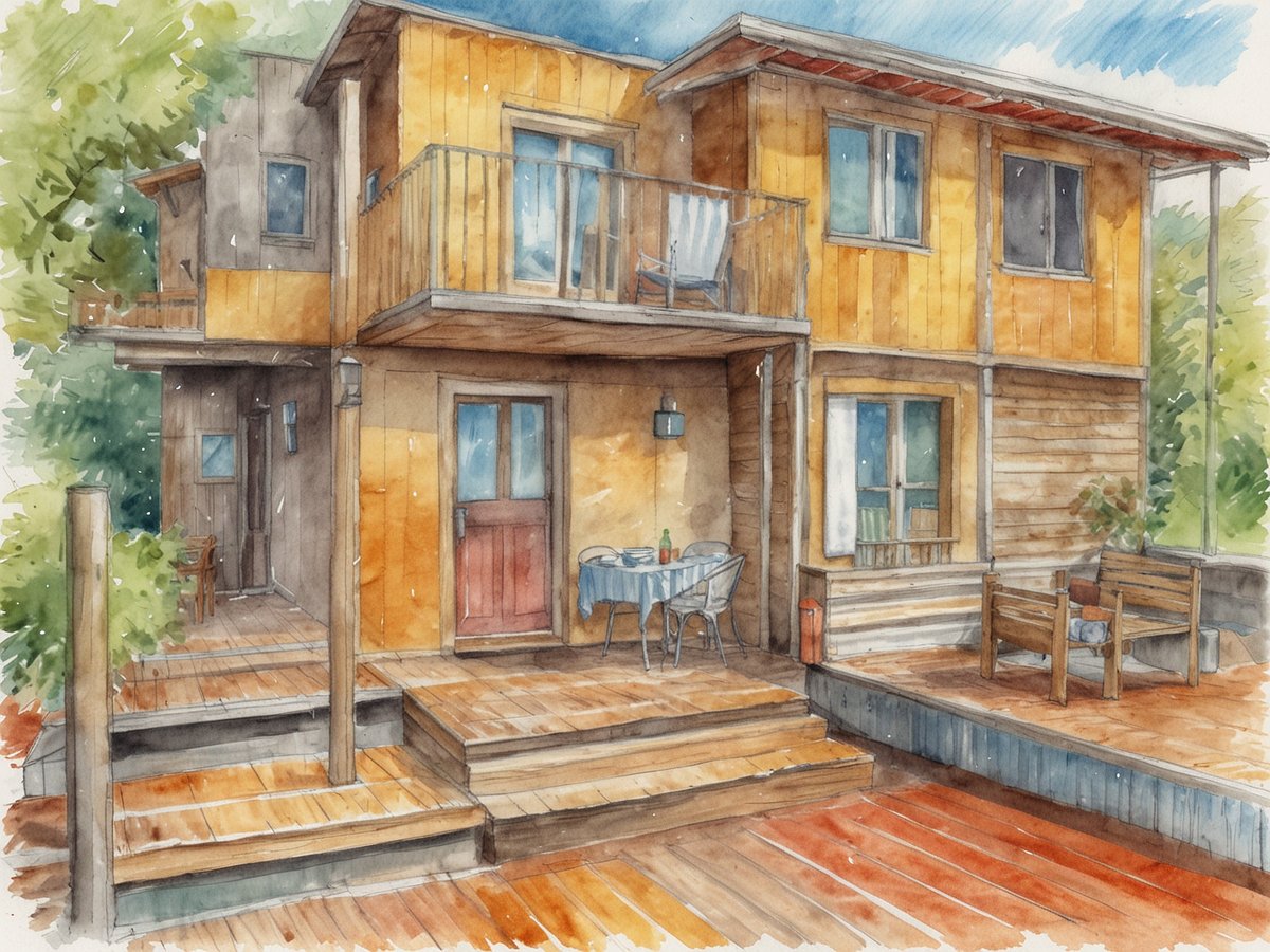 Ein zweigeschossiges Holzhaus mit einer Mischung aus hellen und dunklen Holzpanelen. Das Erdgeschoss hat eine Eingangstür in einem rötlichen Farbton und ein angrenzendes Fenster. Auf der Terrasse stehen ein kleiner Tisch und zwei Stühle, während an der Wand eine Grünpflanze sichtbar ist. Eine Holztreppe führt zu einer oberen Veranda, die mit einem weiteren Tisch und einem Stuhl ausgestattet ist. Im Hintergrund sind üppige grüne Bäume zu sehen, die dem Bild eine natürliche Umgebung verleihen. Der Himmel ist blau mit vereinzelten Wolken.