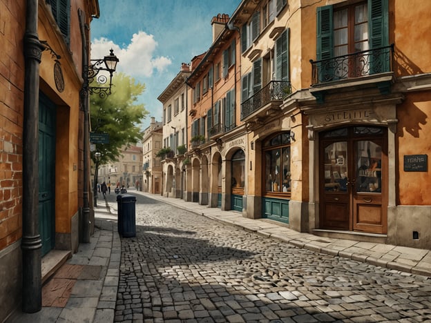 Auf dem Bild ist eine malerische Straße mit gepflastertem Boden zu sehen, die von historischen Gebäuden gesäumt wird. Die Architektur erinnert an die charmante Atmosphäre der historischen Altstadt von Québec, mit bunten Fassaden, Fensterläden und kleinen Geschäften. In der Szene sind auch Bäume und eine helle, freundliche Himmelstimmung zu erkennen, was die Idylle der Umgebung unterstreicht. Die Umgebung lädt zum Flanieren und Entdecken ein, ähnlich wie in den engen Gassen von Québec.