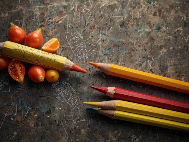 Auf dem Bild befinden sich einige frische, bunte Tomaten und Zitrusfrüchte, die an eine kulinarische Entdeckung erinnern. Die Farben der Lebensmittel sind lebhaft und verleihen dem Bild eine fröhliche Atmosphäre, ähnlich wie bei einem bunten Essenstisch. Neben den Früchten liegen verschiedene Buntstifte, die an kreative Kochprojekte oder das Zeichnen von Rezepten denken lassen. Zusammen vermitteln die Elemente eine eindrucksvolle Verbindung zwischen Kunst und Genuss.