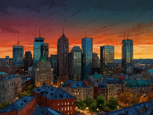 Auf dem Bild ist eine Skyline von Montreal bei Sonnenuntergang zu sehen. Die Stadt zeigt eine Mischung aus modernen Hochhäusern und historischen Gebäuden, die den besonderen Charme Montreals widerspiegeln. Der Himmel ist in warmen Farben gefärbt, was eine malerische Atmosphäre schafft. Die Lichter der Stadt beginnen zu leuchten und verleihen dem Bild eine lebendige Note.