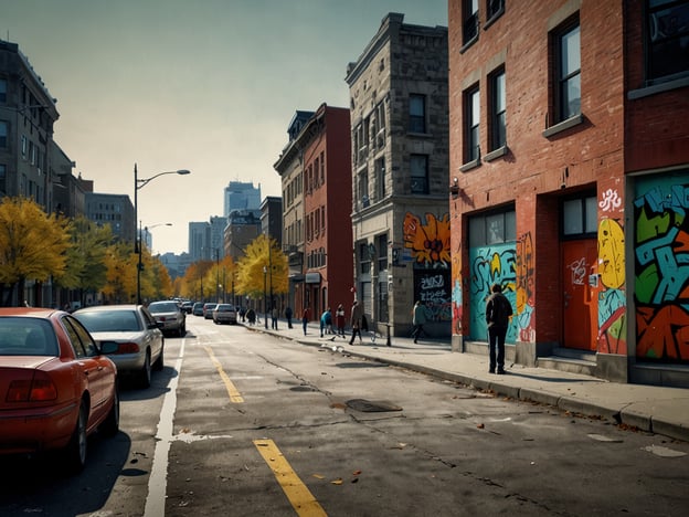 Auf dem Bild ist eine Straßenszene aus Montreal zu sehen. Die Straße ist von leuchtend gelben Bäumen gesäumt, was auf den Herbst hinweist. An den Wänden der Gebäude befinden sich kreative Graffiti, die die lebendige Kunstszene der Stadt widerspiegeln. Zudem sind mehrere Fahrzeuge am Straßenrand geparkt, und es sind Menschen auf dem Gehweg zu erkennen, die die Gegend erkunden. Die Atmosphäre wirkt urban und einladend, typisch für die künstlerischen Viertel Montreals.