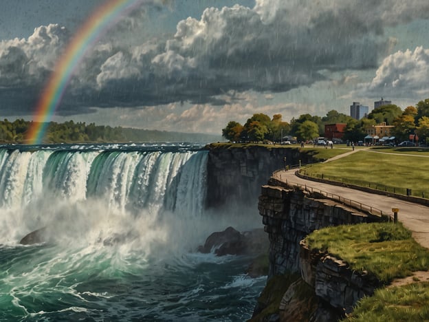 Auf dem Bild sind die beeindruckenden Niagarafälle zu sehen, die eine der bekanntesten Naturschönheiten Nordamerikas darstellen. Die Niagara-Fälle, bestehend aus den amerikanischen Fällen und den berühmteren kanadischen Fällen, sind für ihre gewaltige Wasserführung und atemberaubende Landschaft bekannt. 

In der Darstellung sieht man einen kräftigen Wasserfall, der mit großer Kraft in den Fluss darunter stürzt, während ein Regenbogen über der Szene zu sehen ist. Die Umgebung ist von üppiger Vegetation und einer Promenade gesäumt, die den Besuchern einen wunderbaren Blick auf dieses Naturwunder ermöglicht. Diese majestätischen Wasserfälle ziehen jedes Jahr Millionen von Touristen an und bieten ein spektakuläres Schauspiel, das oft mit dem Betrachten von Nebel und Lichtspielen verbunden ist.