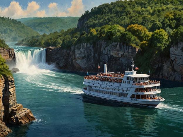 Auf dem Bild ist ein Ausflugsboot zu sehen, das auf dem Wasser in der Nähe der Niagarafälle fährt. Diese Bootsfahrten sind eine beliebte Aktivität für Touristen, um die beeindruckenden Wasserfälle aus nächster Nähe zu erleben. Passagiere können die Gischt und den kraftvollen Sound der Fälle spüren, während sie sich dem Wasserfall nähern. 

Rund um die Niagarafälle gibt es zahlreiche weitere Aktivitäten wie Wanderungen auf den umliegenden Trails, den Besuch von Aussichtspunkten oder das Erkunden des Freizeitparks "Clifton Hill". Neben den Bootstouren können Besucher auch die faszinierende Lichtshow am Abend genießen, bei der die Wasserfälle in bunten Farben illuminiert werden.