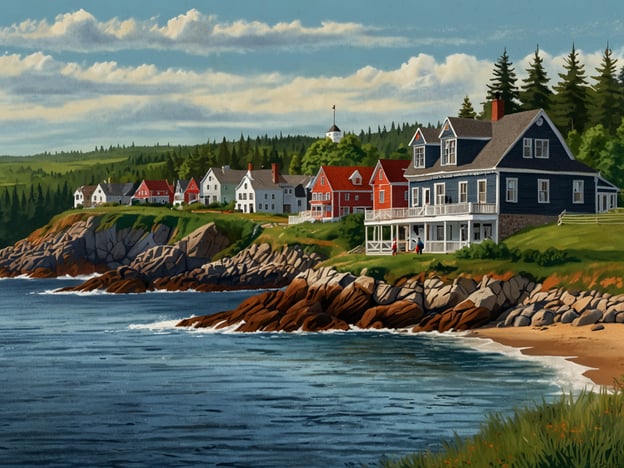 Auf dem Bild ist eine malerische Küstenlandschaft zu sehen, die typisch für Nova Scotia ist. Die Szenerie zeigt eine Reihe von historischen, farbenfrohen Häusern, die sich entlang einer felsigen Küste erstrecken. Im Hintergrund sieht man eine wunderschöne, grüne Landschaft mit bewaldeten Hügeln. Das Wasser ist ruhig und spiegelt die Farben des Himmels wider, während einige Menschen am Strand und in der Nähe der Häuser zu sehen sind. Diese Darstellung vermittelt ein Gefühl von Ruhe und ländlicher Idylle, das oft mit der Küstenregion Nova Scotias assoziiert wird.