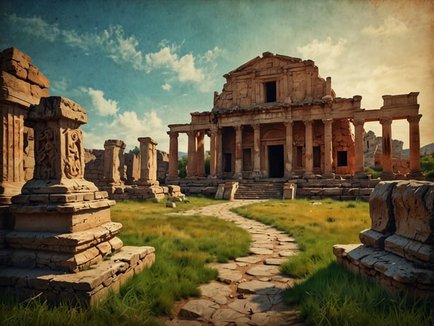 Auf dem Bild sind Ruinen einer historischen Stätte zu sehen. Die Architektur deutet auf antike Tempel oder Gebäude hin, umgeben von einer grünen Landschaft. Es gibt steinerne Säulen und kunstvoll verzierte Sockel, die auf vergangene Kulturen hinweisen. Diese Szenerie lädt dazu ein, historische Stätten zu erkunden und mehr über die Geschichte und Architektur der Region zu erfahren.