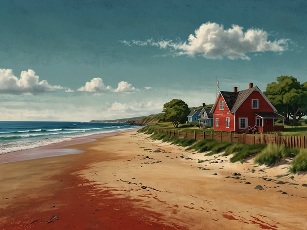 Das Bild zeigt eine malerische Küstenlandschaft, die typisch für Prince Edward Island ist. Die Szene präsentiert einen ruhigen Strand mit sanften Wellen, die an den Uferbereich schlagen. 

Im Vordergrund ist feiner, goldener Sand zu sehen, der in der Nähe des Wassers eine rötliche Färbung aufweist. Zur rechten Seite stehen einige charmante, rot gestrichene und blaue Häuser, umgeben von üppigem Grün und einem Holzlattenzaun. Die sanften Hügel im Hintergrund und die klaren, blauen Himmel mit einigen Wolken verleihen der Landschaft eine idyllische Atmosphäre. Prince Edward Island ist bekannt für seine atemberaubenden Küstenlinien, historischen Stätten und die oft als romantisch empfundene Kulisse, die typisch für die kanadische Maritime Region ist.