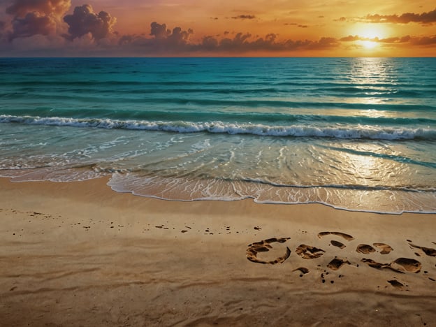 Auf dem Bild sind die schönsten Strände der Insel zu sehen. Der Sonnenuntergang taucht den Himmel in warmen Farben, während die sanften Wellen des Meeres sanft an den sandigen Strand plätschern. Die Fußabdrücke im Sand zeugen von einem friedlichen, entspannten Moment in dieser idyllischen Umgebung.