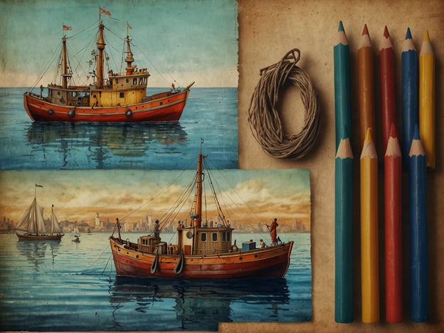 Auf dem Bild sind zwei farbenfrohe Illustrationen von Schiffe zu sehen, die typisch für maritime Kultur und Traditionen sind. Die oberen Bilder zeigen einen traditionellen Schlepper oder Fischereiboot, was auf die Bedeutung der Fischerei und des Schiffsverkehrs in vielen maritimen Gemeinschaften hinweist. 

Neben den Schiffsillustrationen liegen einige Buntstifte und ein Stück Schnur, was darauf hindeutet, dass diese Kunstwerke möglicherweise für künstlerische oder edukative Zwecke entworfen wurden. Solche Darstellungen sind oft ein Teil davon, wie maritime Traditionen an jüngere Generationen weitergegeben werden, indem Kinder ermutigt werden, die Schönheit und Geschichte der Schifffahrt zu erkunden. 

Die Farben und die Detailtreue der Bilder reflektieren die maritime Ästhetik und das Handwerk, welches eng mit der Kultur der Küstenregionen verbunden ist.