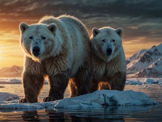 In der arktischen Region Kanadas sind Eisbären häufig anzutreffen. Auf dem Bild sind zwei Eisbären zu sehen, die in einer beeindruckenden Szenerie stehen, umgeben von Eis und schneebedeckten Bergen. Diese majestätischen Tiere sind perfekt an ihre kalte Umgebung angepasst und spielen eine wichtige Rolle im Ökosystem der Arktis. Die Abenddämmerung hinter ihnen schafft eine malerische Stimmung, die die unberührte Schönheit der arktischen Landschaft unterstreicht. Eisbären sind vor allem auf der Jagd nach Robben angewiesen und sind somit geschickte Schwimmer und Jäger in den eisigen Gewässern.