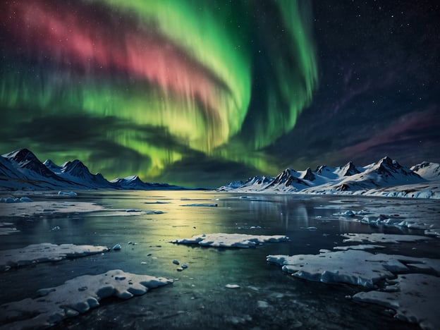 Auf dem Bild ist ein beeindruckendes Naturschauspiel der arktischen Region zu sehen. Der Himmel ist mit leuchtenden Farben des Nordlichts erfüllt, das in grünlichen und rötlichen Tönen strahlt. Unterhalb erstreckt sich ein gefrorener See, der die Lichter reflektiert, während schneebedeckte Berge im Hintergrund zu erkennen sind. Die einzigartige Natur der Arktis, geprägt von eisigen Landschaften und faszinierenden Lichtphänomenen, schafft eine magische und atemberaubende Atmosphäre.