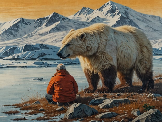 Auf dem Bild ist eine Person zu sehen, die auf dem Boden sitzt und einem großen weißen Bären gegenübersteht, umgeben von einer arktischen Landschaft mit Bergen und Wasser. 

In der Zukunft könnte die Arktis durch den Klimawandel drastische Veränderungen erleben. Das Schmelzen des Eises könnte neue Lebensräume für verschiedene Tierarten schaffen, während andere, wie der Eisbär, mit Lebensraumverlust und Nahrungsmangel konfrontiert sein könnten. Zudem könnten menschliche Aktivitäten, wie Ölexploration und Tourismus, zunehmen. Es ist wichtig, nachhaltige Strategien zu entwickeln, um sowohl die einzigartige Tierwelt als auch die Bedürfnisse der indigenen Bevölkerung zu schützen. Die Zusammenarbeit auf globaler Ebene wird entscheidend sein, um die Herausforderungen, die der Klimawandel mit sich bringt, erfolgreich zu bewältigen.