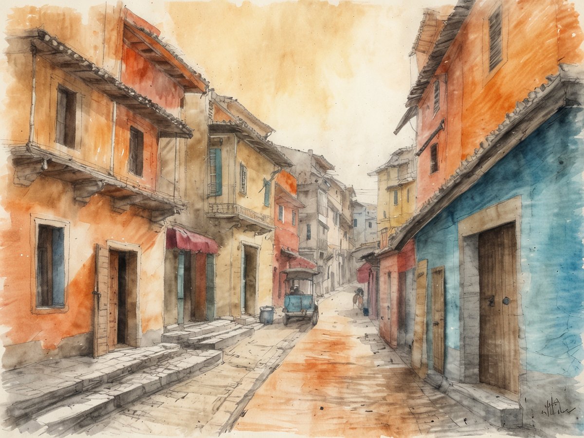 Eine malerische Gasse mit bunten Häusern in warmen Erdtönen. Die Gebäude sind unterschiedlich hoch und haben Fenster mit Fensterläden. Einige Dächer sind mit Ziegeln gedeckt, während andere ein einfacheres Design haben. Am Ende der Straße sind eine Figur und ein Wagen zu sehen, der auf einem gepflasterten Weg steht. Die Atmosphäre wirkt ruhig und einladend, was an den sanften Wasserfarben und dem weichen Licht liegt, das die Szene erhellt. Diese Umgebung eignet sich gut für eine Studienreise, um die Architektur und Kultur zu erkunden.