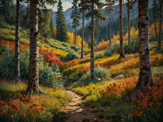 Auf dem Bild ist eine malerische Waldlandschaft zu sehen. Der Weg schlängelt sich durch einen bunten Wald, in dem verschiedene Pflanzen und Blumen blühen. Die Bäume, darunter Birken und hohe Nadelbäume, stehen kräftig im Vordergrund und schaffen eine friedliche Atmosphäre. Die sanften Hügel im Hintergrund sind teilweise mit Frühlingsgrün und herbstlichen Farben geschmückt, was auf einen idyllischen Naturraum hinweist. Solch eine Umgebung eignet sich perfekt für entspannende Wanderungen, gemütliche Spaziergänge oder um einfach die Ruhe und Schönheit der Natur zu genießen.