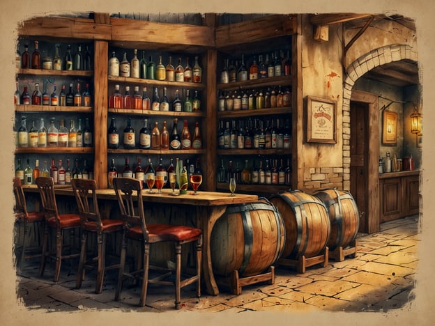 Auf dem Bild ist eine gemütliche Bar oder Gaststube zu sehen, die mit vielen Flaschen Alkohol und Getränken an der Wand dekoriert ist. Es gibt eine lange Holztheke mit einigen Gläsern, darunter wahrscheinlich Bier und Wein, was auf regionale Getränke hinweist. 

In dieser Art von Lokal finden sich häufig typische Speisen und Getränke der Region, wie zum Beispiel:

- **Bier:** Besonders in Bierregionen ist eine große Auswahl an lokalen Biersorten zu erwarten.
- **Wein:** In Weinbauregionen könnte eine Auswahl an regionalen Weinen präsentiert werden.
- **Hausgemachte Schnäpse:** Oft werden auch hauseigene Spirituosen angeboten.
- **Kleine Snacks:** Typische Beilagen sind Brezen, Wurst- oder Käseplatten.

Diese Ambiente lädt ein, sich zu entspannen, typische lokale Getränke zu genießen und möglicherweise auch regionale Speisen zu probieren.