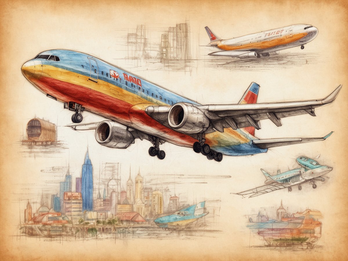 Ein farbenfrohes Flugzeug hebt ab vor einer stilisierten Stadtkulisse mit Wolkenkratzern. Im Hintergrund sind weitere Flugzeuge skizziert, darunter ein zweites Flugzeug und verschiedene Kunstwerke, die typische Merkmale von Flugzeugen und Städten zeigen. Diese Darstellung vermittelt ein Gefühl von Reisen und Abenteuer. Der Ticketpreis für einen Flug könnte variieren, doch oft werden sie beworben als erschwinglich und attraktiv für Reisende.