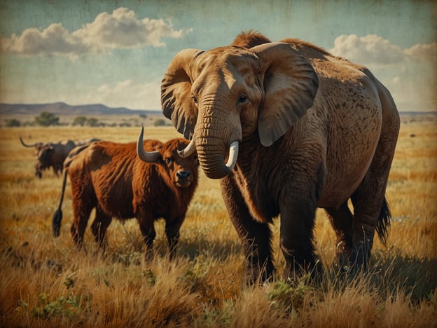 Auf dem Bild sind ein Elefant und einige Rinder auf einer weitläufigen Wiese zu sehen. Diese Szene könnte an die offenen Prärien Kanadas erinnern, wo die Natur und die Tierwelt in einem harmonischen Gleichgewicht stehen. Die Prärien sind bekannt für ihre weitläufigen Graslandschaften, die Lebensraum für viele Tierarten bieten. In solchen Landschaften könnten sowohl große Tiere wie Elefanten als auch Rinder vorkommen, die sich von der üppigen Vegetation ernähren. Die sanften Hügel und der weite Himmel tragen zur Schönheit dieser Region bei.