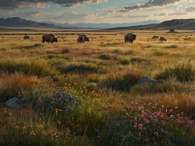 Auf dem Bild ist eine prärieartige Landschaft zu sehen, die von sanften Hügeln und Bergen im Hintergrund umgeben ist. In der Mitte der Szene grasen mehrere Bisons, die typisch für die Fauna der Prärien sind. Um sie herum erstreckt sich ein weites Feld mit hohem Gras, das in verschiedenen Farbtönen leuchtet, sowie bunten Wildblumen, die ein charakteristisches Merkmal der Flora dieser Region sind. Die prärieartige Umgebung bietet Lebensraum für zahlreiche Pflanzen und Tiere und zeigt die Vielfalt und Schönheit dieses einzigartigen Ökosystems.