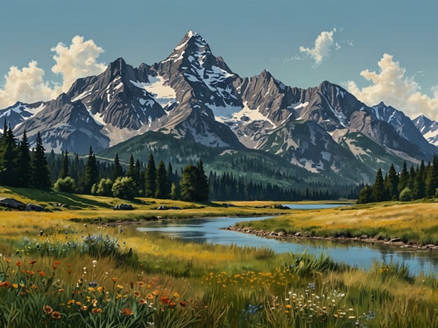 Auf dem Bild sind die majestätischen Rocky Mountains zu sehen, umgeben von einer wunderschönen Landschaft mit grünen Wiesen, bunten Blumen und einem ruhigen Fluss, der durch das Tal fließt. Die Berge im Hintergrund sind mit Schnee bedeckt, und der Himmel ist klar mit einigen Wolken. Die Szenerie vermittelt ein Gefühl von Ruhe und natürlicher Schönheit.