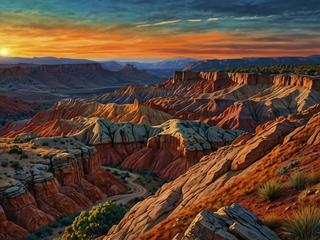 Auf dem Bild ist eine beeindruckende Landschaft zu sehen, die an die Badlands erinnert. Die charakteristischen Formen und Farben der Erhebungen erzeugen eine dramatische Kulisse, während der Sonnenuntergang den Himmel in warmen Tönen erleuchtet. Solche Landschaften sind typisch für Regionen mit erodierten Gesteinsformationen und bilden oft einzigartige, malerische Ausblicke. Diese Szenerie lädt zur Erkundung und Entdeckung ein.