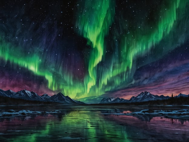 Das Bild zeigt ein atemberaubendes Naturschauspiel – die Polarlichter. Diese Lichter, auch Auroras genannt, entstehen durch die Wechselwirkung von Sonnenwindpartikeln mit der Erdatmosphäre. In den polaren Regionen zeigt sich dieses Phänomen oft in Form von schimmernden, lebhaften Farben wie Grün, Blau und Purpur, die über den Nachthimmel tanzen.

Im Vordergrund des Bildes ist eine ruhige Wasseroberfläche zu sehen, die die wunderschönen Farben der Lichter reflexartig aufnimmt. Im Hintergrund erheben sich majestätische Berge unter einem sternenklaren Himmel, was die gesamte Szene noch eindrucksvoller macht. Die Polarlichter sind ein faszinierendes Erlebnis für viele, die sich in den hohen nördlichen und südlichen Breiten aufhalten.