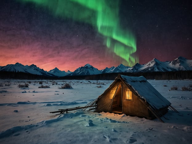 Auf dem Bild sind beeindruckende Polarlichter zu sehen, die den Nachthimmel mit grünen und lila Farben erleuchten. Im Vordergrund steht eine gemütliche Hütte, umgeben von einer winterlichen Landschaft mit Schnee und Bergen.

Während der Polarlichter-Saison können Besucher zahlreiche Aktivitäten unternehmen, wie:

1. **Polarlichter beobachten**: Am besten an einem dunklen Ort, fernab von künstlichem Licht.
2. **Schneewanderungen**: Erkundungen in der winterlichen Natur, um die Landschaft zu genießen.
3. **Eisangeln**: Eine entspannende Aktivität auf gefrorenen Seen.
4. **Hundeschlittenfahrten**: Ein aufregendes Erlebnis in der winterlichen Wildnis.
5. **Fotografie**: Die atemberaubenden Lichter und Landschaften festhalten.

Diese Aktivitäten bieten eine wunderbare Möglichkeit, die Magie der Polarlichter hautnah zu erleben.