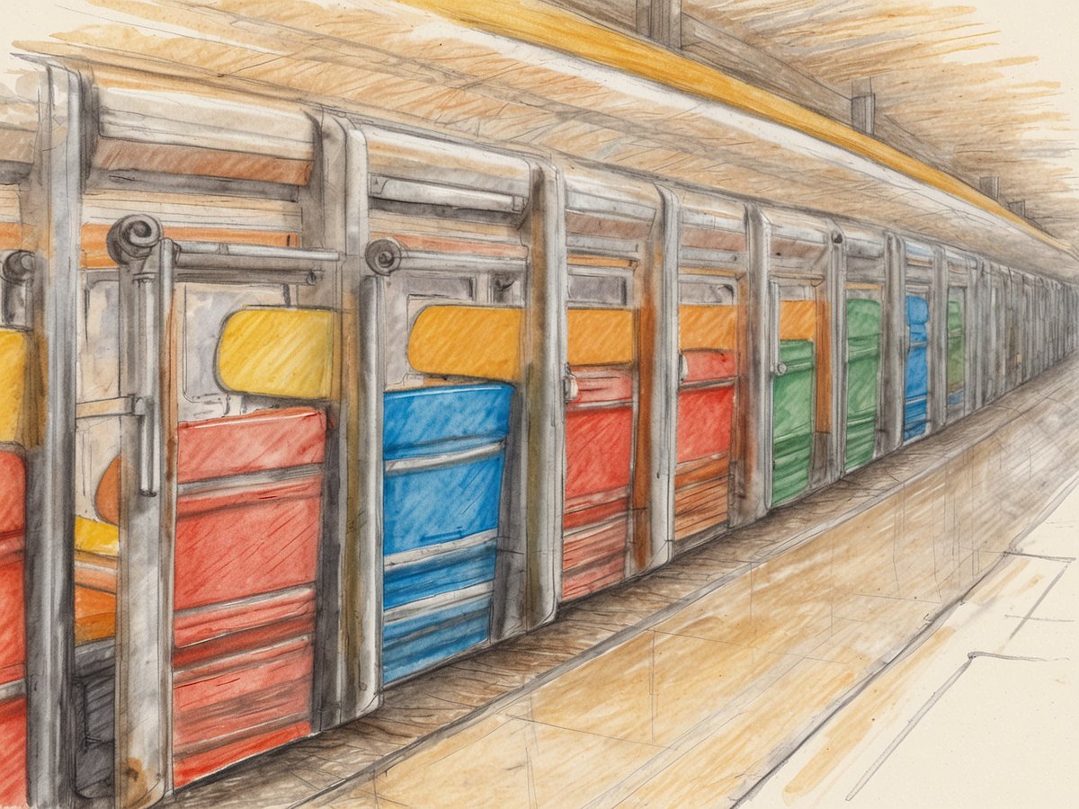 Eine Reihe von bunten Bettkästen in einem Unterbringungsraum. Die Kästen sind in verschiedenen Farben angeordnet, darunter Rot, Blau, Gelb und Grün. Der Raum hat einen hölzernen Boden und eine hohe Decke mit einer warmen Beleuchtung. Der Hintergrund ist unscharf, sodass der Fokus auf den bunten Kästen bleibt.