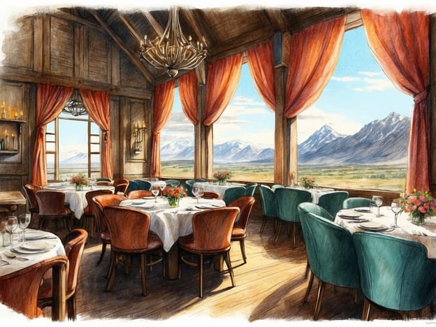 Auf dem Bild ist ein elegantes Restaurant zu sehen, das eine einladende Atmosphäre mit großen Fenstern und Blick auf eine malerische Landschaft bietet. In einem Zoo könnte ein solcher Ort ideal für Gastronomie sein, wo Besucher nach einem aufregenden Tag mit Tieren entspannen und eine Mahlzeit genießen können. Die stilvolle Einrichtung und die liebevoll gedeckten Tische schaffen eine angenehme Umgebung für Erholung, während die Aussicht auf die Natur die Verbindung zu einem Zoo-Erlebnis verstärkt.