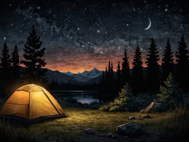 Auf dem Bild ist ein gemütliches Campingszenario bei Nacht zu sehen. Ein leuchtend gelbes Zelt steht in einer malerischen Umgebung, umgeben von hohen Bäumen und Bergen. Der Himmel ist klar und zeigt viele Sterne sowie einen schmalen Mond. Diese Szenerie vermittelt eine Ruhe und Verbundenheit zur Natur, die ideal für einen Übernachtungsplatz beim Camping ist. Ein solcher Ort eignet sich perfekt, um die Nacht unter dem Sternenhimmel zu verbringen und die Natur zu genießen.