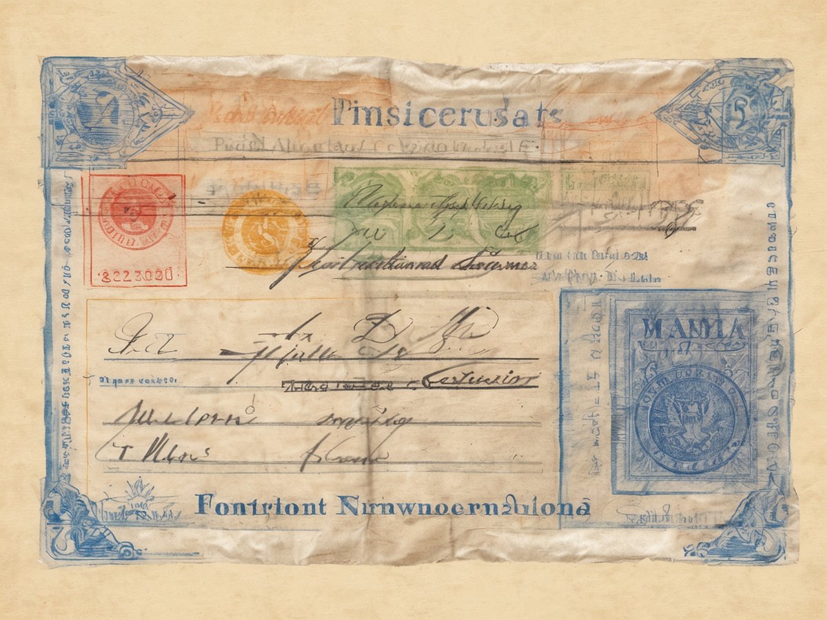 Ein altes Dokument mit verschiedenen farbigen Stempeln und handschriftlichen Einträgen. Es ist eine Reisegenehmigung oder eine Art Visum, das zur Einreise oder für Reisen verwendet wurde. Die obere linke Ecke ist mit einem blauen Emblem verziert, und auf der rechten Seite befindet sich ein ausführliches, kunstvolles Siegel in Blau. Das Papier hat eine leicht vergilbte Farbe und zeigt Anzeichen von Alterserscheinungen, wie Falten und Risse. Der Text ist in mehreren Sprachen verfasst, was auf internationale Relevanz hindeutet.