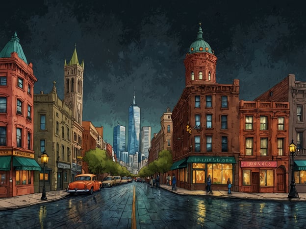 Auf dem Bild ist eine malerische Szene aus New York City zu sehen. Die Straße ist gesäumt von historischen Gebäuden in warmen Farben, während im Hintergrund die modernen Wolkenkratzer hervorstechen. Es ist Abend, und die Straßen sind durch den Regen glänzend und spiegeln das Licht der Straßenlaternen wider. Diese Kombination aus nostalgischem Charme und urbanem Flair verkörpert die Magie von New York City, in der Vergangenheit und Gegenwart harmonisch nebeneinander existieren. Die lebhaften Farben und Details erwecken das Gefühl, dass diese Stadt voller Geschichten und Abenteuer ist, die darauf warten, entdeckt zu werden.