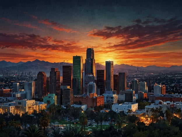 Auf dem Bild ist ein wunderschöner Sonnenuntergang über der Skyline von Los Angeles zu sehen. Im Vordergrund erkennt man Palmen und städtische Gebäude, während die Hochhäuser der Stadt im Hintergrund aufragen. Die Farben des Himmels reichen von orange und rot bis hin zu tiefblau, was eine eindrucksvolle Kulisse für die pulsierende Metropole bildet. Die Berge in der Ferne tragen zur malerischen Atmosphäre bei und verkörpern das charakteristische Bild von Los Angeles.