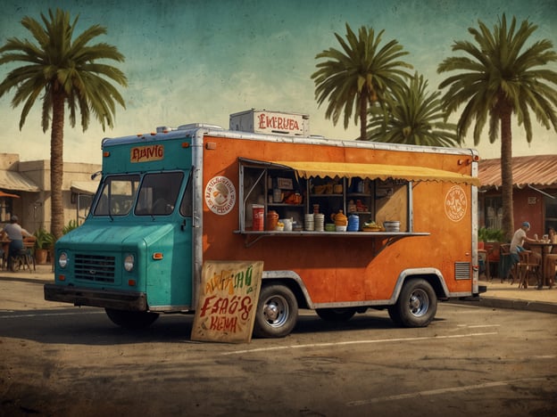 Auf dem Bild ist ein bunter Food Truck zu sehen, der auf einer Straße unter Palmen steht. Solche Food Trucks sind in Los Angeles sehr beliebt und bieten eine Vielzahl kulinarischer Highlights. 

Einige der typischen Speisen, die man in den Food Trucks von LA finden kann, sind:

- **Tacos**: Besonders die aus traditionellen Familienrezepten zubereiteten Varianten.
- **Burritos**: Oft gefüllt mit frischen Zutaten und vielseitigen Füllungen.
- **Korean BBQ**: Eine Fusion, die koreanische Aromen mit amerikanischen Essgewohnheiten kombiniert.
- **Veggie-Optionen**: In LA gibt es auch viele Trucks, die gesunde, pflanzliche Gerichte anbieten.

Die Atmosphäre rund um die Food Trucks, oft mit Sitzgelegenheiten im Freien, trägt zusätzlich zum Erlebnis bei und macht sie zu einem beliebten Ziel für Einheimische und Touristen.