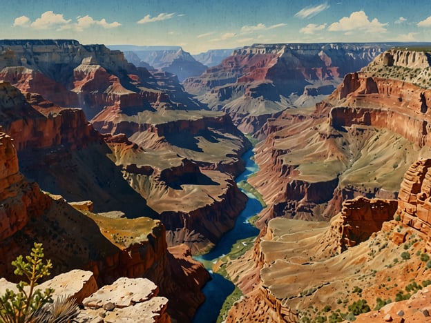 Das Bild zeigt eine beeindruckende Aussicht auf den Grand Canyon, einen der berühmtesten Nationalparks der USA. Der Grand Canyon erstreckt sich über Arizona und ist bekannt für seine atemberaubenden Landschaften mit tiefen Schluchten, steilen Felswänden und dem Verlauf des Colorado Rivers, der sich durch die Canyonlandschaft schlängelt. Der Park bietet vielfältige Möglichkeiten für Outdoor-Aktivitäten wie wandern, rafting und sightseeing, und zieht jährlich Millionen von Besuchern an, die die faszinierende Geologie und die einzigartige Flora und Fauna des Gebiets erleben möchten.