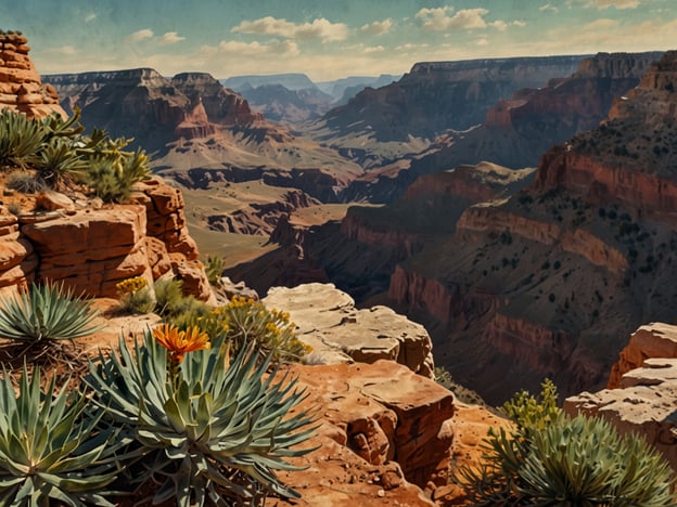 Auf dem Bild sind die beeindruckenden Landschaften des Grand Canyon zu sehen, mit seinen majestätischen Felsen und Schluchten. Im Vordergrund wachsen typische Pflanzen dieser Region, wie Agaven und verschiedene Arten von Kaktussen, die sich an die trockenen Bedingungen angepasst haben. Die leuchtend orangefarbene Blume hebt sich farblich ab und zeigt die blühende Flora, die in den warmen Monaten vorkommt. Im Hintergrund erstrecken sich die schroffen Wände des Canyons, welche die Vielfalt der Fauna und Flora sowie die geologischen Formationen dieser einzigartigen Landschaft widerspiegeln.