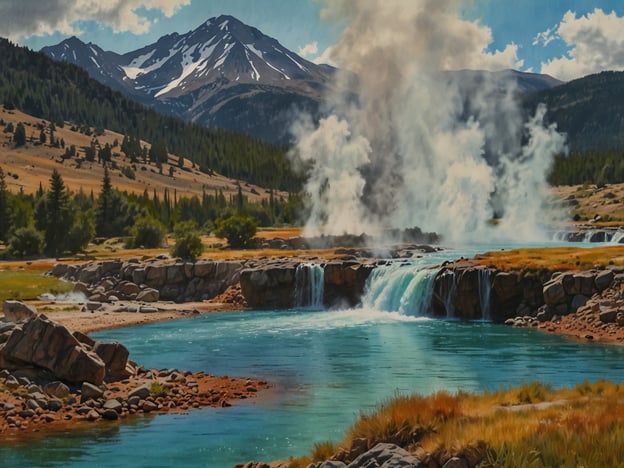 Die Wunder von Yellowstone sind atemberaubend und zeigen die beeindruckende Schönheit der Natur. Auf dem Bild ist eine Landschaft zu sehen, die von majestätischen Bergen und sanften Hügeln geprägt ist. In der Mitte stürzt ein klarer Wasserfluss über Felsen und bildet kleine Wasserfälle. Darüber hinaus erhebt sich ein dampfender Geysir, der eine Wolke aus Dampf und Wasser in die Luft schleudert. Diese Szenerie ist durch lebendige Farben und eine malerische Kulisse gekennzeichnet, die die faszinierende Geologie und die natürliche Pracht des Yellowstone-Nationalparks widerspiegelt.