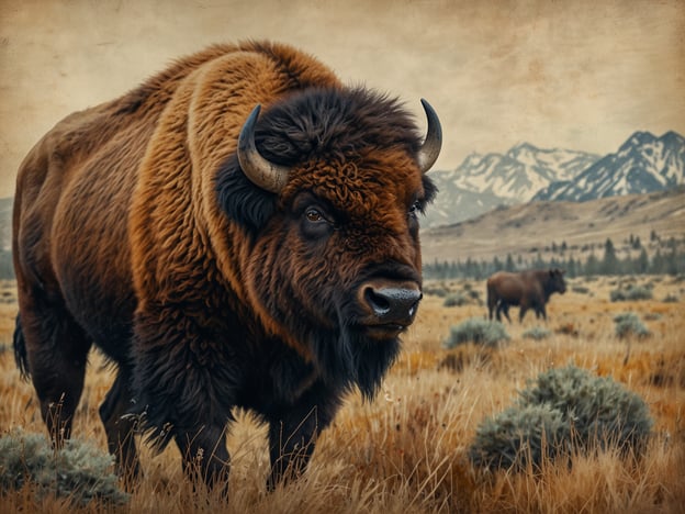 Auf dem Bild ist ein amerikanischer Bison zu sehen, eine der ikonischen Tierarten im Yellowstone-Nationalpark. Diese majestätischen Tiere sind bekannt für ihre imposante Statur und das dicke, braune Fell. In den weiten Prärien des Parks leben viele Bisons, die eine wichtige Rolle im Ökosystem spielen. Sie fressen Gras und beeinflussen die Vegetation, was wiederum anderen Tierarten zugutekommt. Im Hintergrund sind die beeindruckenden Rocky Mountains zu sehen, die die wunderschöne Landschaft des Parks prägen.