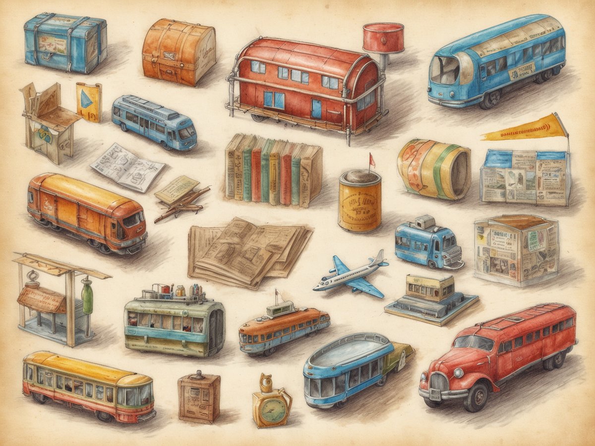 Das Bild zeigt eine Sammlung von nostalgischen Fahrzeugmodellen und Gegenständen, die überwiegend in sanften Farben gestaltet sind. Zu sehen sind unterschiedlich gestaltete Modelle von Straßenbahnen, Bussen und Zügen, die alle detailliert ausgearbeitet sind. Zudem sind Koffer, Bücher, eine kleine Zeitung und weitere Reiseutensilien abgebildet. In der oberen Bildhälfte befinden sich unter anderem ein roter Reisebus und blaue Schienenfahrzeuge. Die untere Hälfte zeigt eine alte Haltestelle, ein kleines Flugzeug und weitere Fahrzeuge in lebhaften Farben. Der Hintergrund ist beige und verleiht dem Bild eine vintage Atmosphäre.