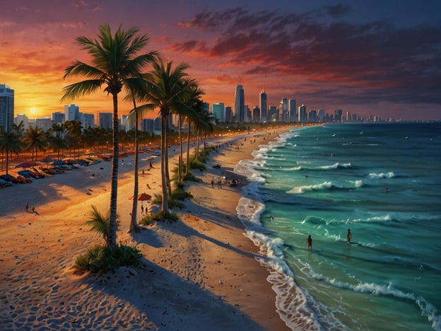 Auf dem Bild ist ein malerischer Strand bei Sonnenuntergang zu sehen, umgeben von Palmen und der Skyline von Miami. Das Bild fängt die Schönheit des Strandlebens ein und zeigt, wie Menschen am Ufer stehen und das klare Wasser genießen. Diese Szenerie erinnert stark an die besten Strände in Miami, wie South Beach, bekannt für seinen feinen Sand und die lebhafte Atmosphäre. Auch der Lummus Park, der direkt am Strand liegt, ist oft ein beliebter Ort für Sonnenanbeter.