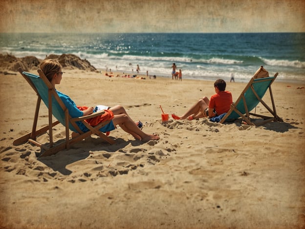 Auf dem Bild sind zwei Personen zu sehen, die entspannt auf einer Liege am Strand sitzen. Sie genießen die Sonne und die Aussicht auf das Meer. Im Hintergrund sind weitere Strandbesucher zu erkennen, die möglicherweise schwimmen oder im Sand spielen. Es ist ein typischer, entspannter Tag am Strand.