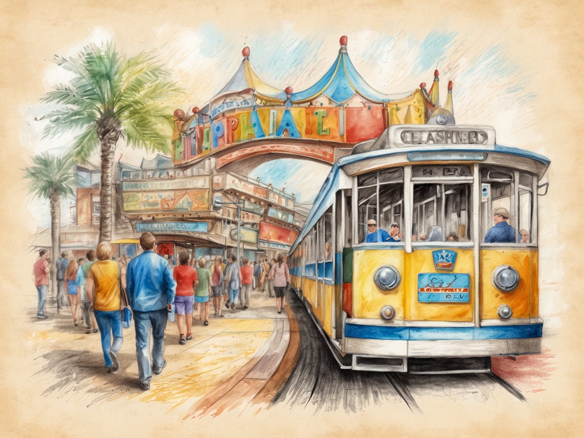 Eine bunte Calle mit einem nostalgischen Straßenbahnwagen, der dicht an der Menge vorbeifährt. Rechts im Hintergrund steht ein auffälliges, festlich gestaltetes Tor mit dem Schriftzug „Pavilion“. Um das Tor herum ist eine belebte Szene mit zahlreichen Passanten, die in Freizeitkleidung flanieren. Palmen säumen die Straße, und die Architektur im Hintergrund ist farbenfroh und einladend, was eine lebendige Atmosphäre schafft. Die gesamte Szenerie vermittelt ein Gefühl von Vergnügen und Urlaub.