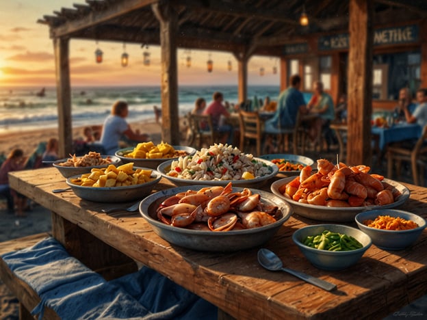 Auf dem Bild sieht man eine einladende Tafel am Meer, die mit verschiedenen köstlichen Speisen gedeckt ist. Es gibt eine Auswahl an frischem Seafood, darunter Garnelen und andere Meeresfrüchte, die perfekt zum Ambiente eines Strandrestaurants passen. Zudem sind bunte Beilagen wie frische Salate und tropische Früchte wie Ananas und Papaya zu sehen. Die entspannte Atmosphäre wird durch den Sonnenuntergang im Hintergrund unterstrichen, was das kulinarische Erlebnis am Meer noch angenehmer macht. Die Gäste wirken entspannt und genießen wahrscheinlich die Mischung aus frischer Küche und Meeresrauschen.