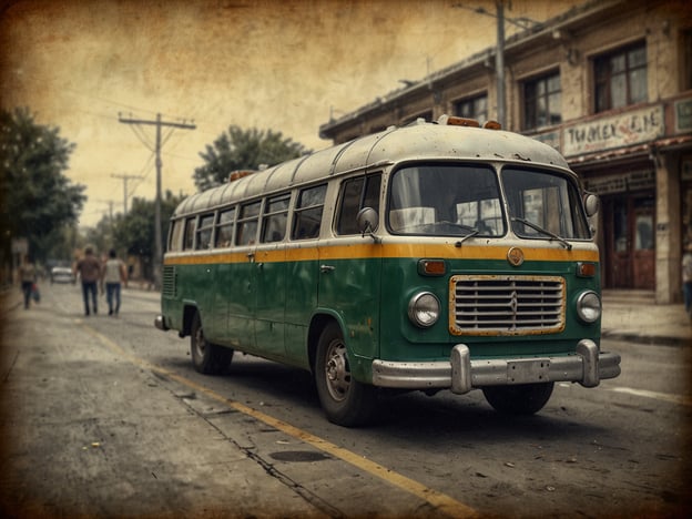 Auf dem Bild ist ein alter, grüner Bus zu sehen, der auf einer Straße parkt. Der Bus hat eine nostalgische Ausstrahlung und verdeutlicht das Ambiente einer vergangenen Zeit. Im Hintergrund erkennt man eine Stadtlandschaft mit einigen Gebäuden und Passanten.

**Tipps für einen gelungenen Aufenthalt:**

1. **Öffentliche Verkehrsmittel nutzen**: Wenn der Bus auch als Transportmittel genutzt wird, erkundigen Sie sich nach den Fahrplänen und Routen, um die Umgebung effizient zu erkunden.

2. **Lokal erkunden**: Nehmen Sie sich Zeit, um zu Fuß durch die Straßen zu gehen und lokale Geschäfte und Cafés zu entdecken.

3. **Fotografieren**: Halten Sie die nostalgische Atmosphäre fest, indem Sie Fotos von interessanten Gebäuden und Szenen machen.

4. **Einheimische ansprechen**: Sprechen Sie mit Einheimischen, um Insider-Tipps zu erhalten und mehr über die Geschichte der Stadt zu erfahren.

5. **Essen probieren**: Genießen Sie die lokale Küche in Restaurants oder Straßenständen, um authentische Geschmäcker zu erleben.

Viel Spaß bei Ihrem Aufenthalt!