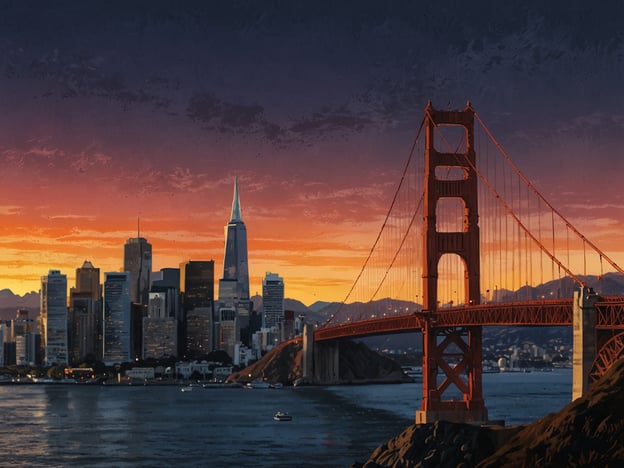 Auf dem Bild ist eine beeindruckende Aussicht auf San Francisco bei Sonnenuntergang zu sehen. Im Vordergrund steht die berühmte Golden Gate Bridge, die sich majestätisch über die Bucht spannt. Im Hintergrund erstreckt sich die Skyline von San Francisco mit markanten Wolkenkratzern, darunter auch das ikonische One World Trade Center. Der Himmel ist in warmen Farben von Orange und Blau gefärbt, was eine malerische und romantische Atmosphäre schafft. San Francisco ist bekannt für seine beeindruckende Architektur, die hügelige Landschaft und die kulturelle Vielfalt.