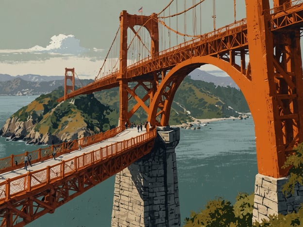 Auf dem Bild ist die Golden Gate Bridge zu sehen. Die berühmte Brücke ist orange gestrichen und überspannt das Wasser, während sie von Wäldern und Hügeln umgeben ist. Es sind auch Menschen zu sehen, die über die Brücke spazieren. Der Himmel zeigt einige Wolken, und die Szenerie vermittelt eine ruhige, malerische Atmosphäre.