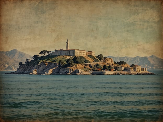 Auf dem Bild ist Alcatraz zu sehen, die berühmte Gefängnisinsel in der Bucht von San Francisco. Die Insel ist bekannt für ihr historisches Gefängnis, das einst als Hochsicherheitsanstalt diente. Die Landschaft zeigt die Felseninsel, umgeben von Wasser und mit mehreren Gebäuden, darunter der markante Leuchtturm. Alcatraz hat eine interessante Geschichte und ist heute eine beliebte Touristenattraktion.